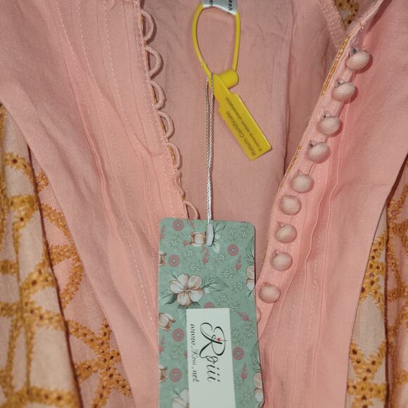 Bohemian Orange Cowgirl Long Lantern Sleeve Swing Mini Dress XL Festival Pockets - Picture 8 of 8